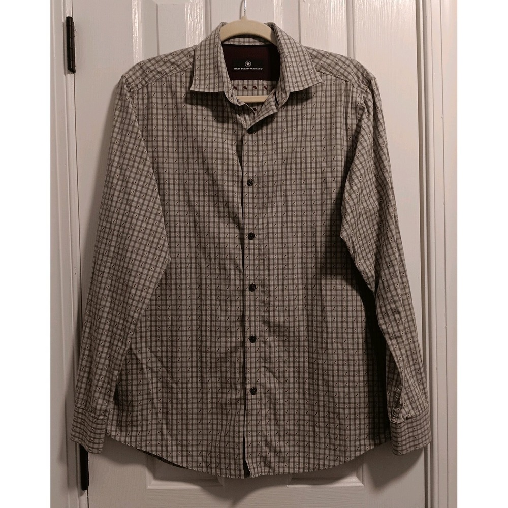 Hart Schaffner Marx Mens Plaid 100% Cotton Button Down Shirt Beige Medium
